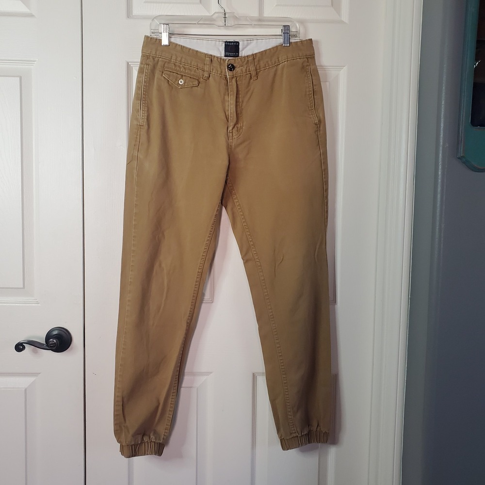 Goodale Tan Khaki Pants Elastic Cuffs Ankles Loose Relaxed Fit Size 33 Preppy